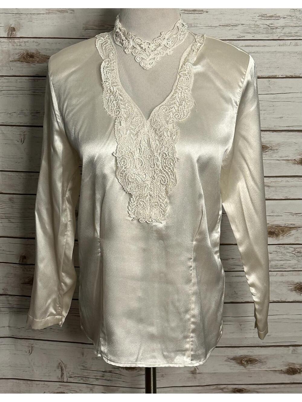 Vintage Victorian ivory satin w/ lace bib high neck long sleeve blouse Size 8 - Picture 1 of 6
